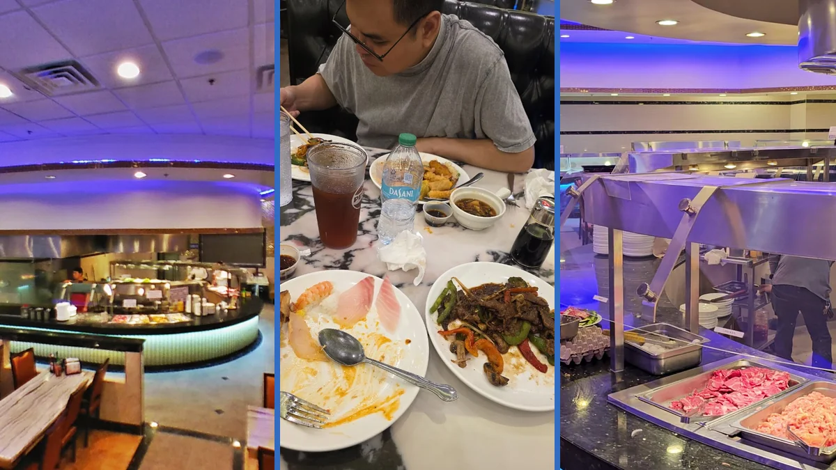 Buffet trays with Chinese dishes and seafood