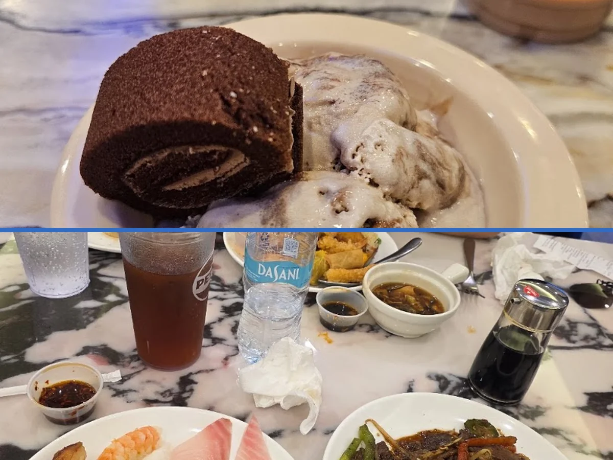 Sushi and grilled items on a buffet line
