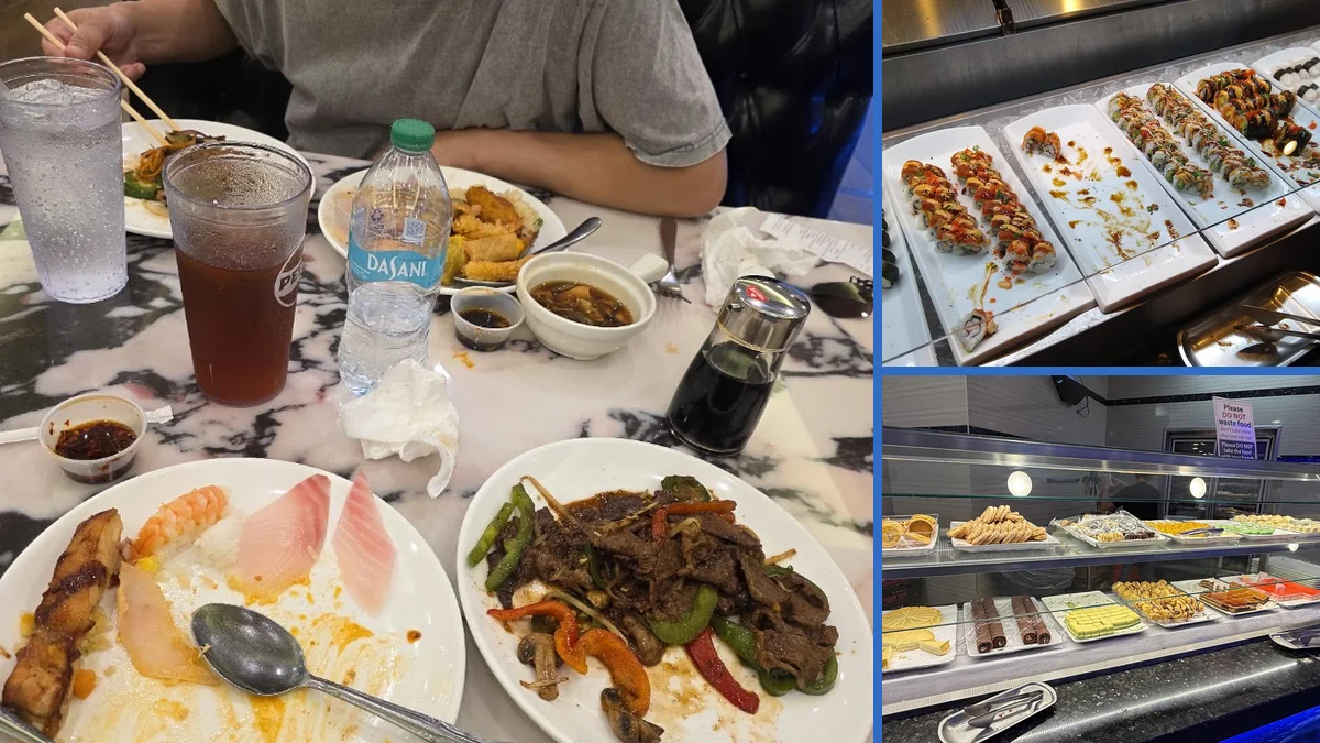Buffet trays with Chinese dishes and seafood