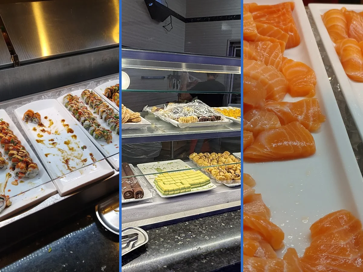 Sushi and grilled items on a buffet line